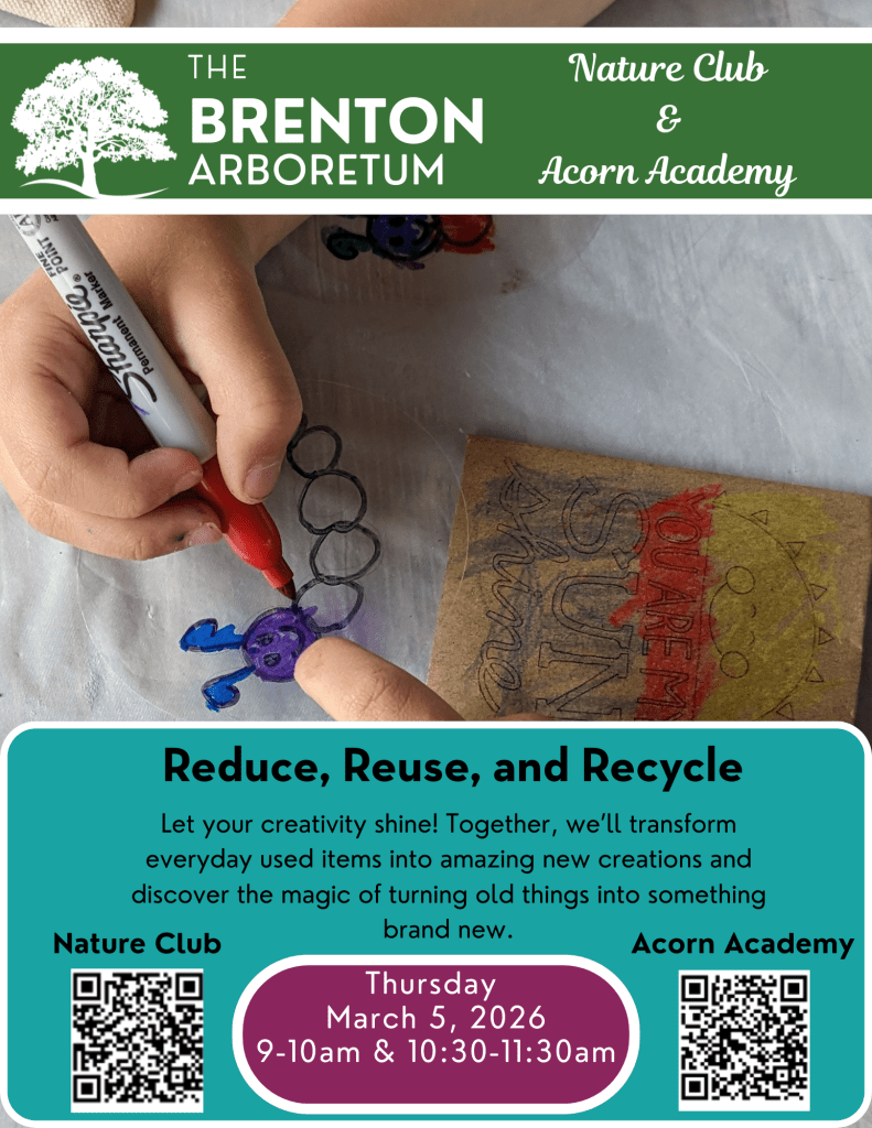 A child's hand holding a colorful marker, working on a creative project with various used items on a table, promoting the event 'Reduce, Reuse, and Recycle' at the Brenton Arboretum.