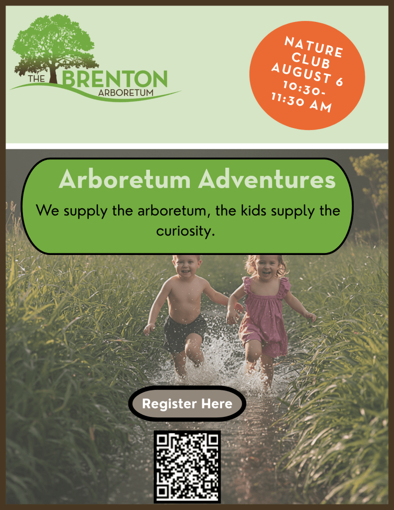 Two children happily running through a grassy area while splashing in shallow water, promoting an event at the Brenton Arboretum.