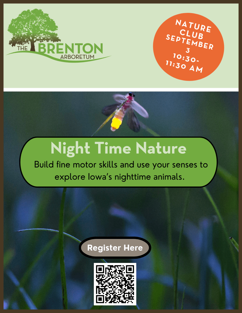 Event flyer for the Brenton Arboretum Nature Club featuring a night-time theme, details about exploring Iowa's nighttime animals, and a QR code for registration.